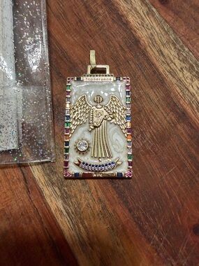 Gold Angel Rectangular Pendant with Mother-of-Pearl and Multicolor Accents